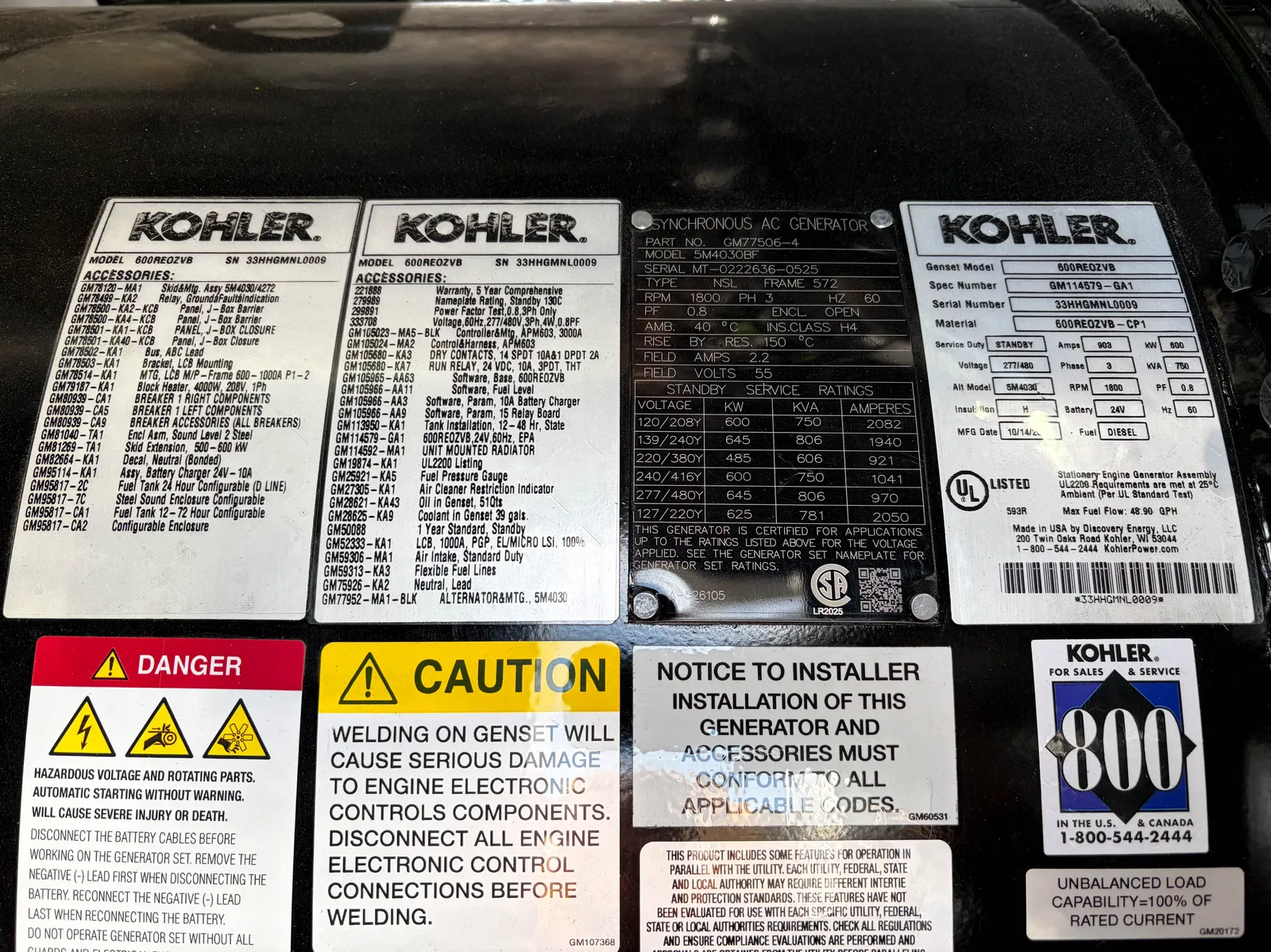 6 600kw kohler industrial generator unit 091965 data tag