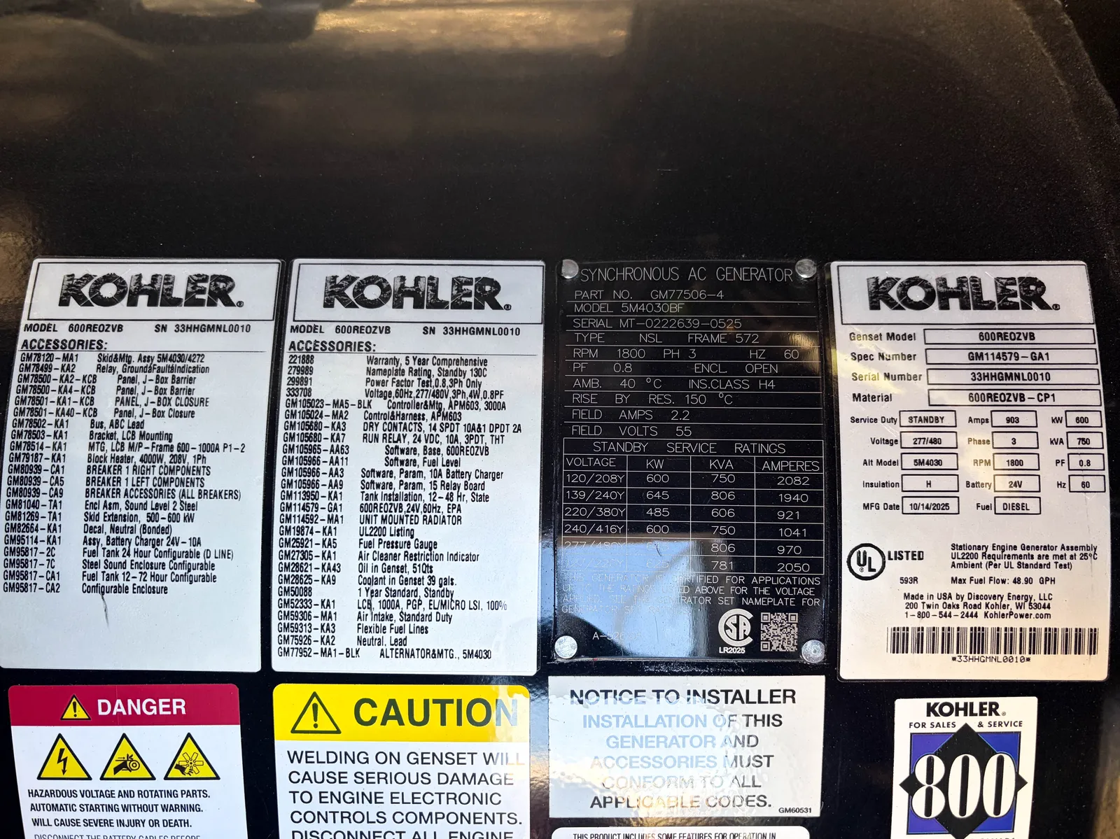 6 600kw kohler industrial generator unit 091966 data tag