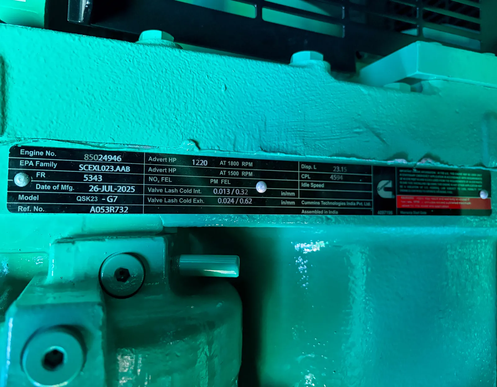 6 800kw cummins industrial generator unit 091501 data tag