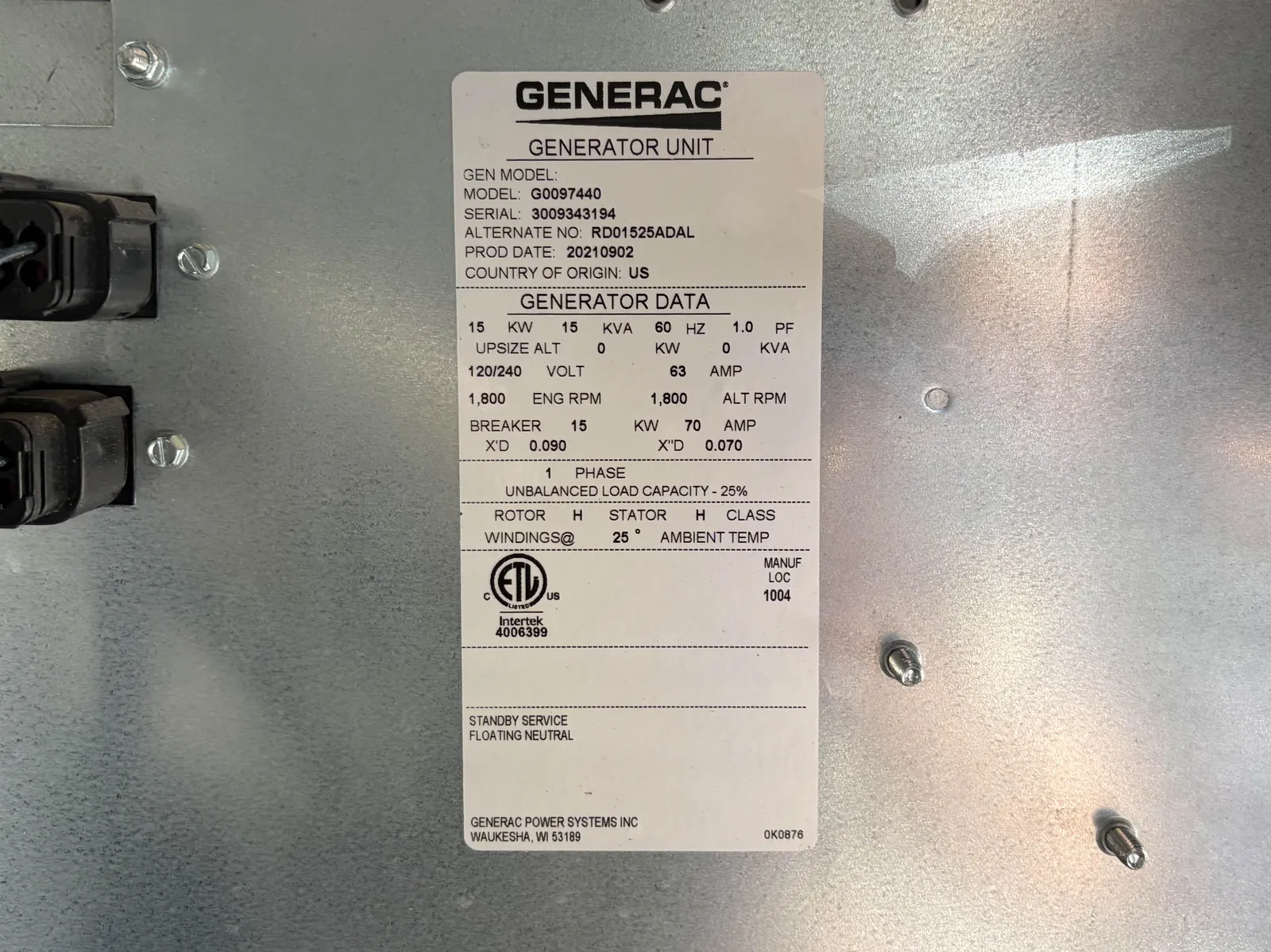 5 15kw generac industrial generator unit 092954 control panel