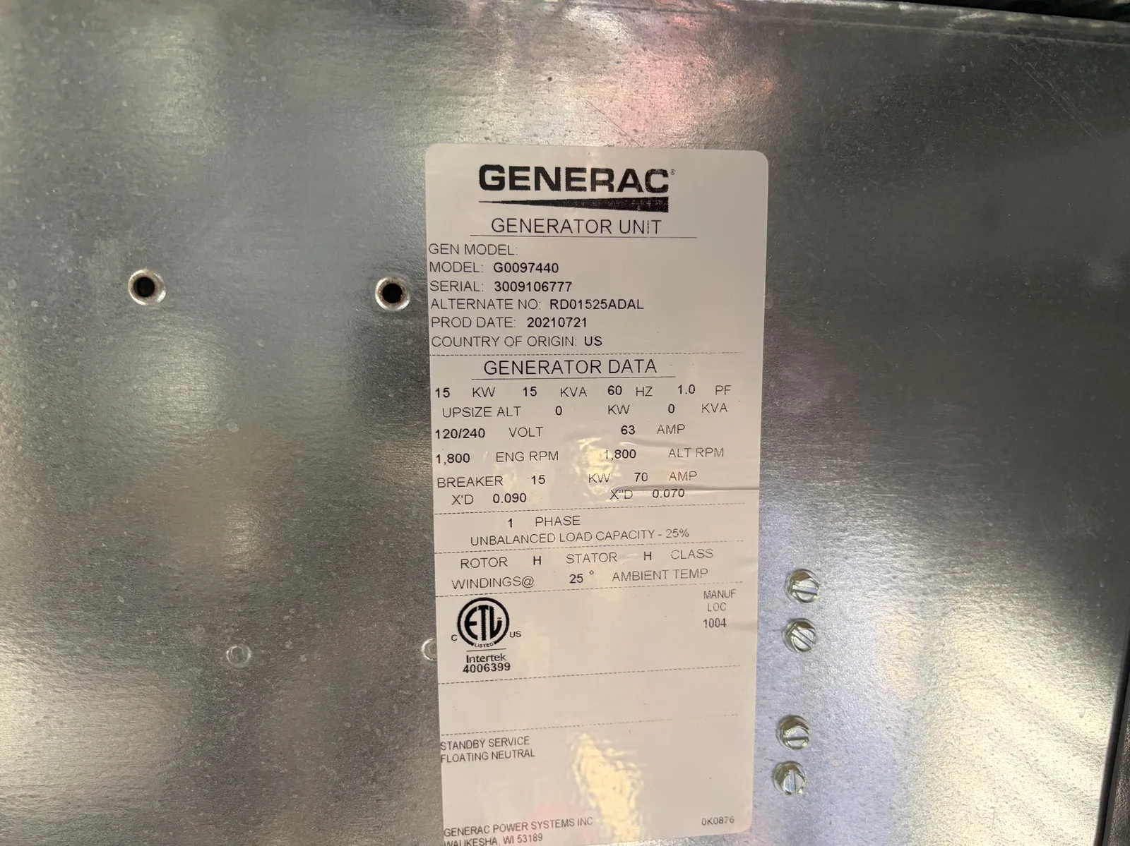 5 15kw generac industrial generator unit 092958 control panel