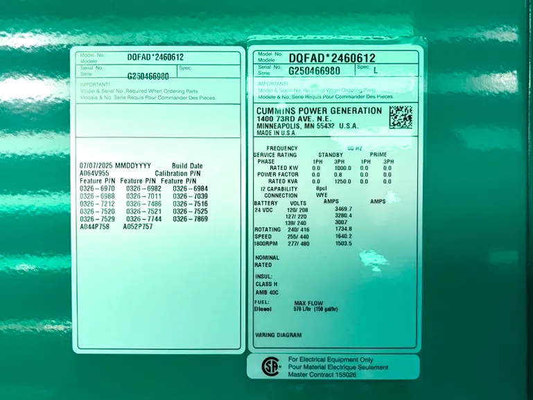 6 1000kw cummins industrial generator unit 091508 data tag