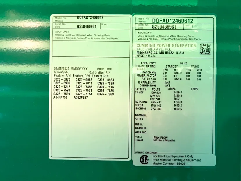 6 1000kw cummins industrial generator unit 091509 data tag