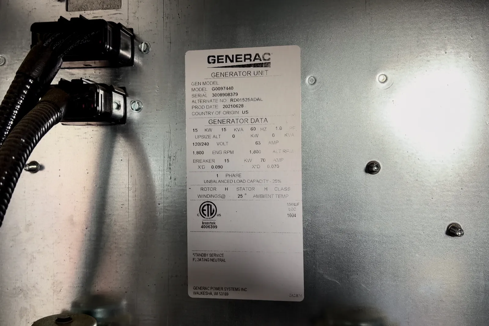 6 15kw generac industrial generator unit 092961 data tag