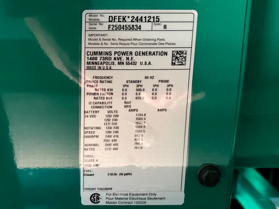 6 500kw cummins industrial generator unit 091498 data tag