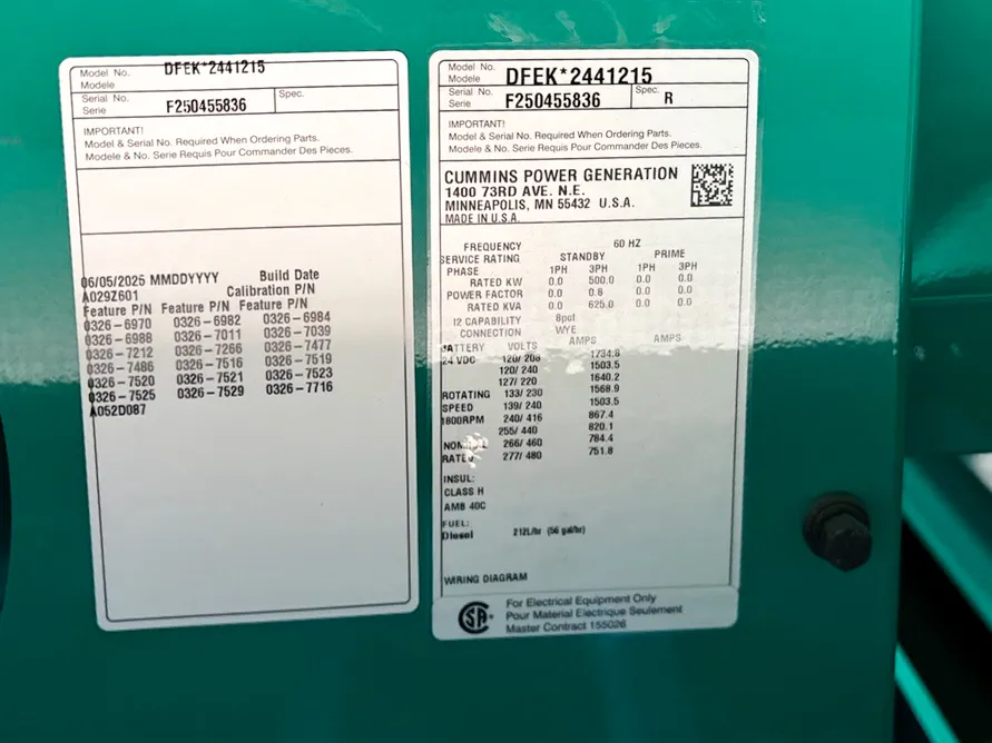 6 500kw cummins industrial generator unit 091499 data tag