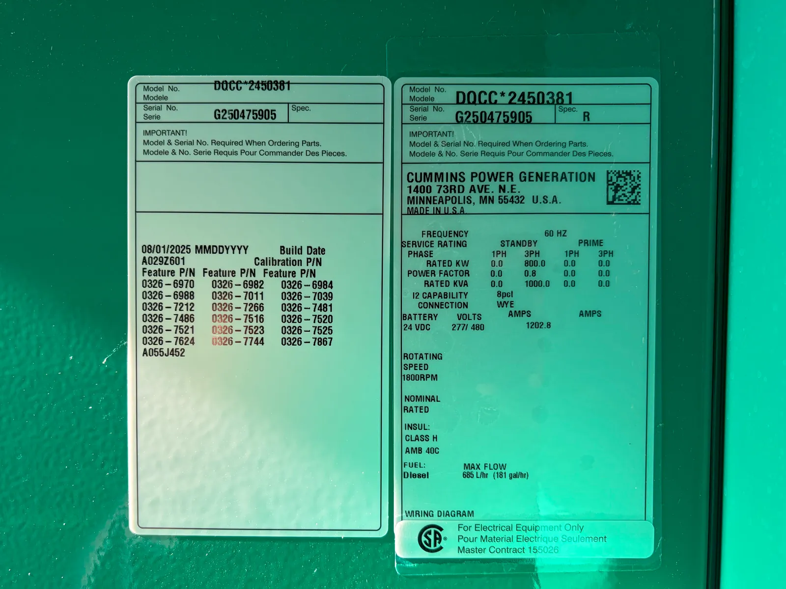 6 800kw cummins industrial generator unit 091504 data tag