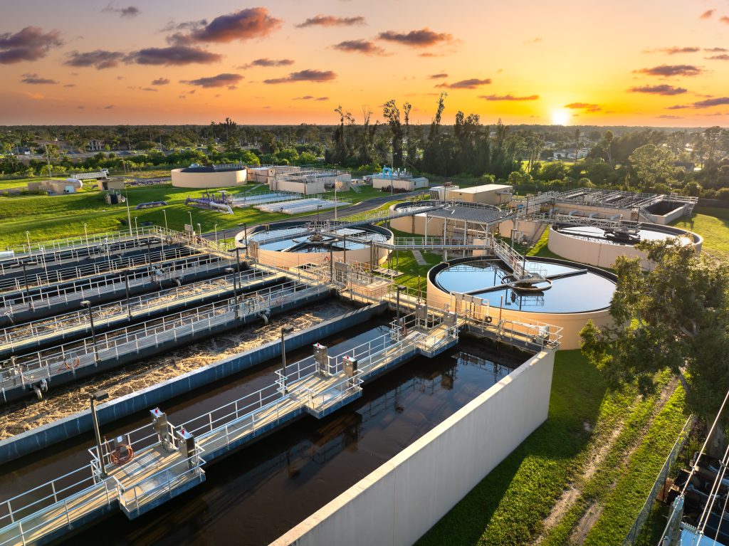 Large water treatment facility in Florida, USA. Industrial infrastructure for municipal water purification and wastewater processing Large water treatment facility in Florida, USA. Industrial infrastructure for municipal water purification and wastewater processing