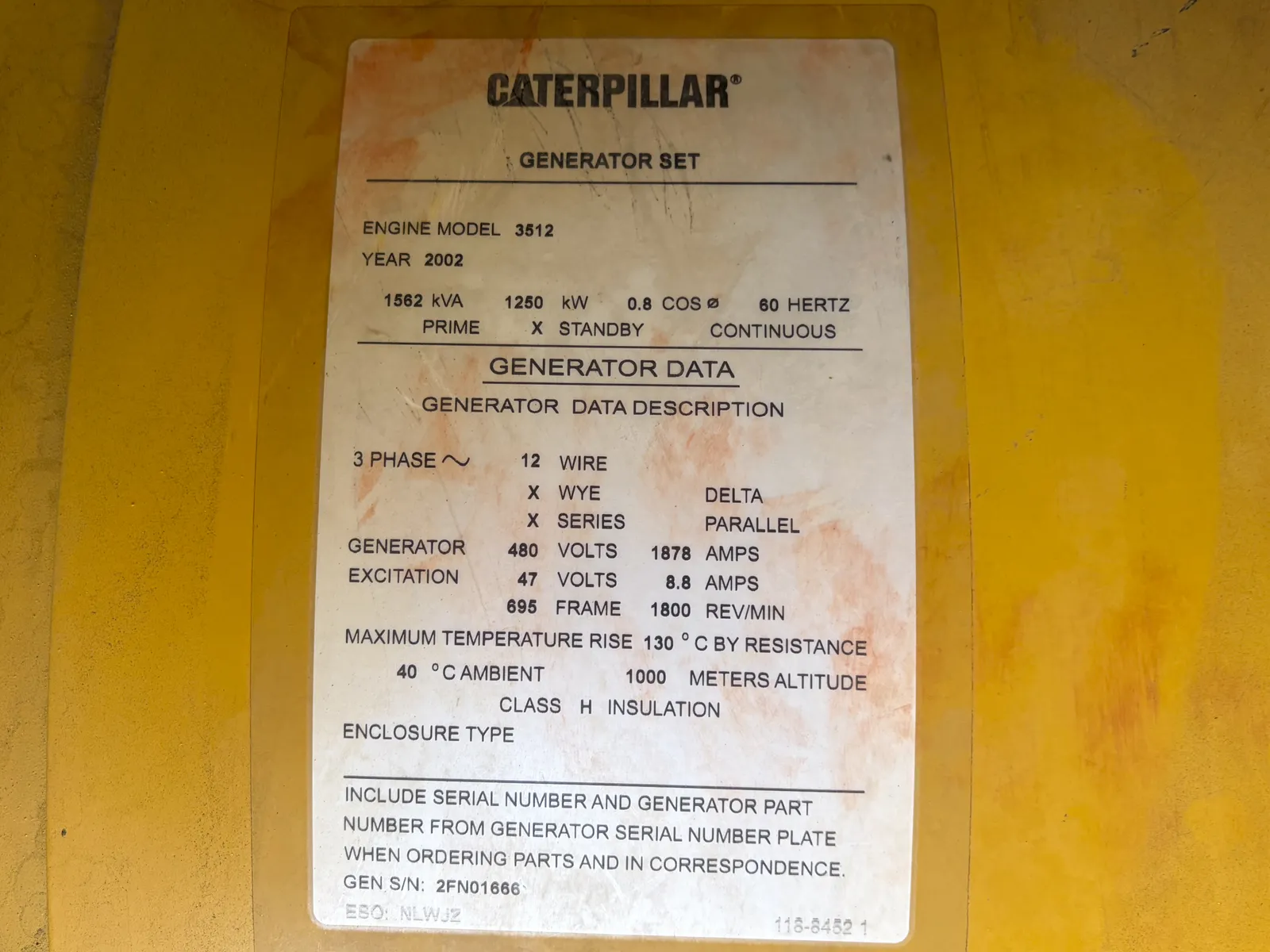 6 1250kw caterpillar industrial generator unit 092966 data tag