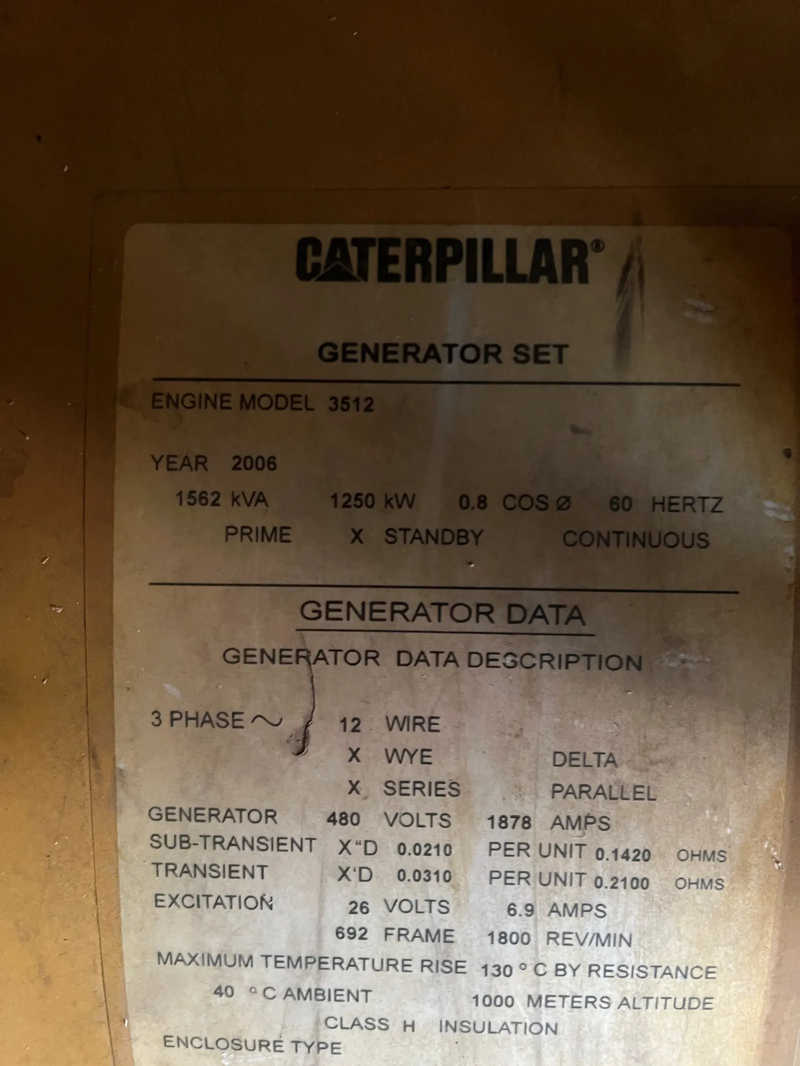 6 1250kw caterpillar industrial generator unit 093010 data tag