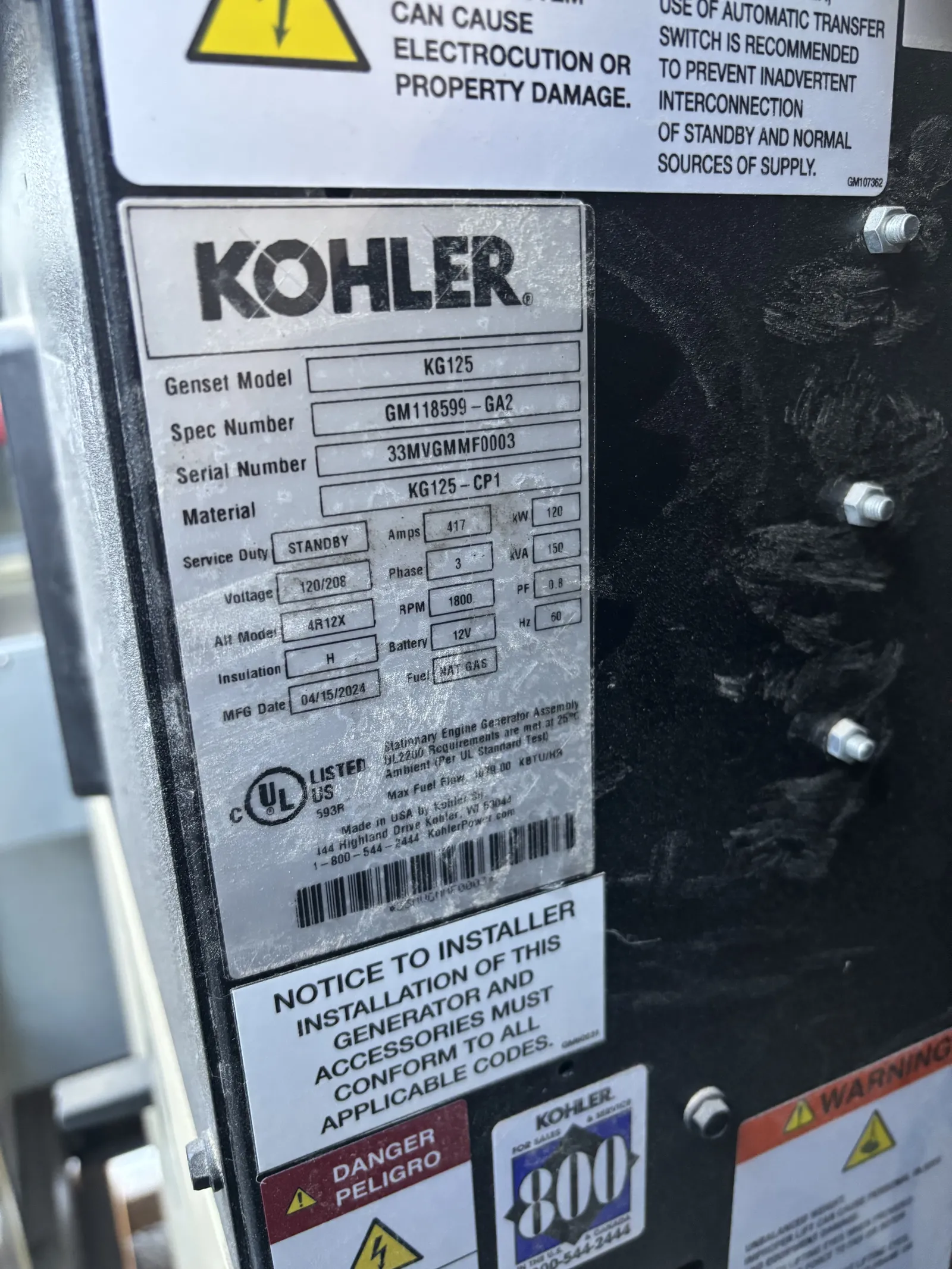 6 125kw kohler industrial generator unit 093051 data tag