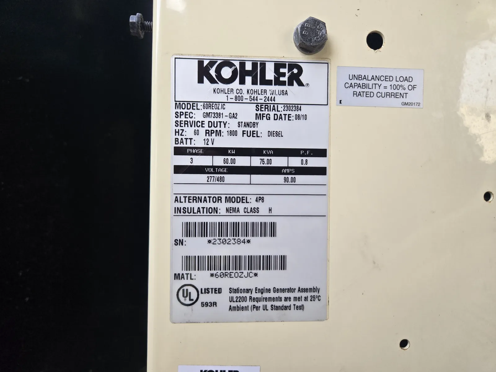 6 60kw kohler industrial generator unit 092267 data tag