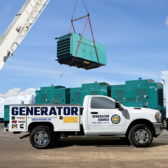 Generator Source crane loading a Cummins generator onta a service truck