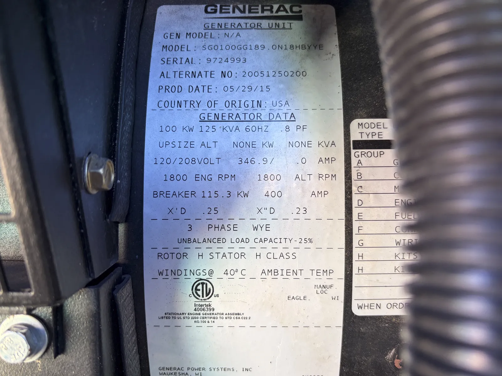 5 100kw generac industrial generator unit 093091 control panel