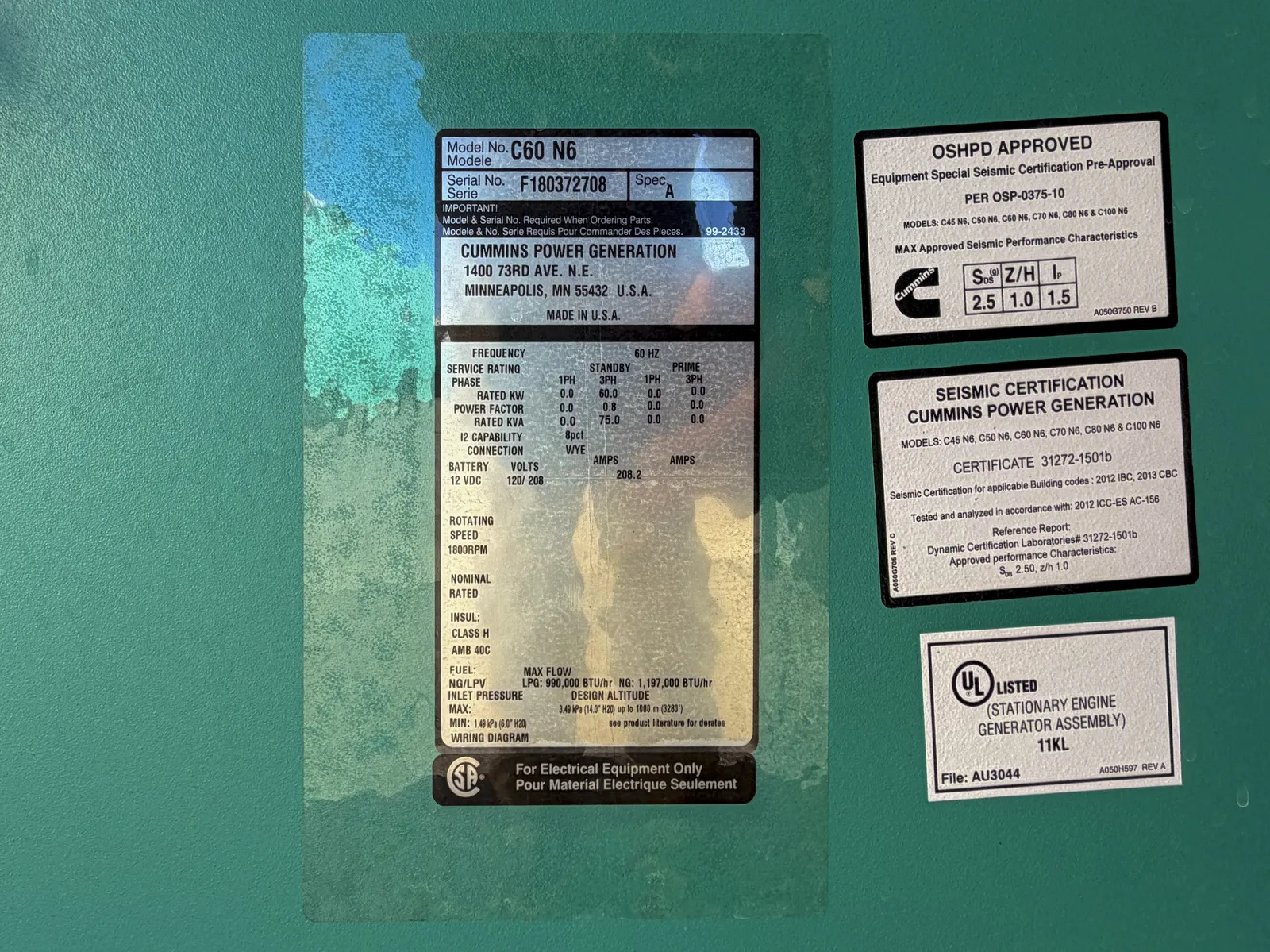 5 60kw cummins industrial generator unit 093123 control panel