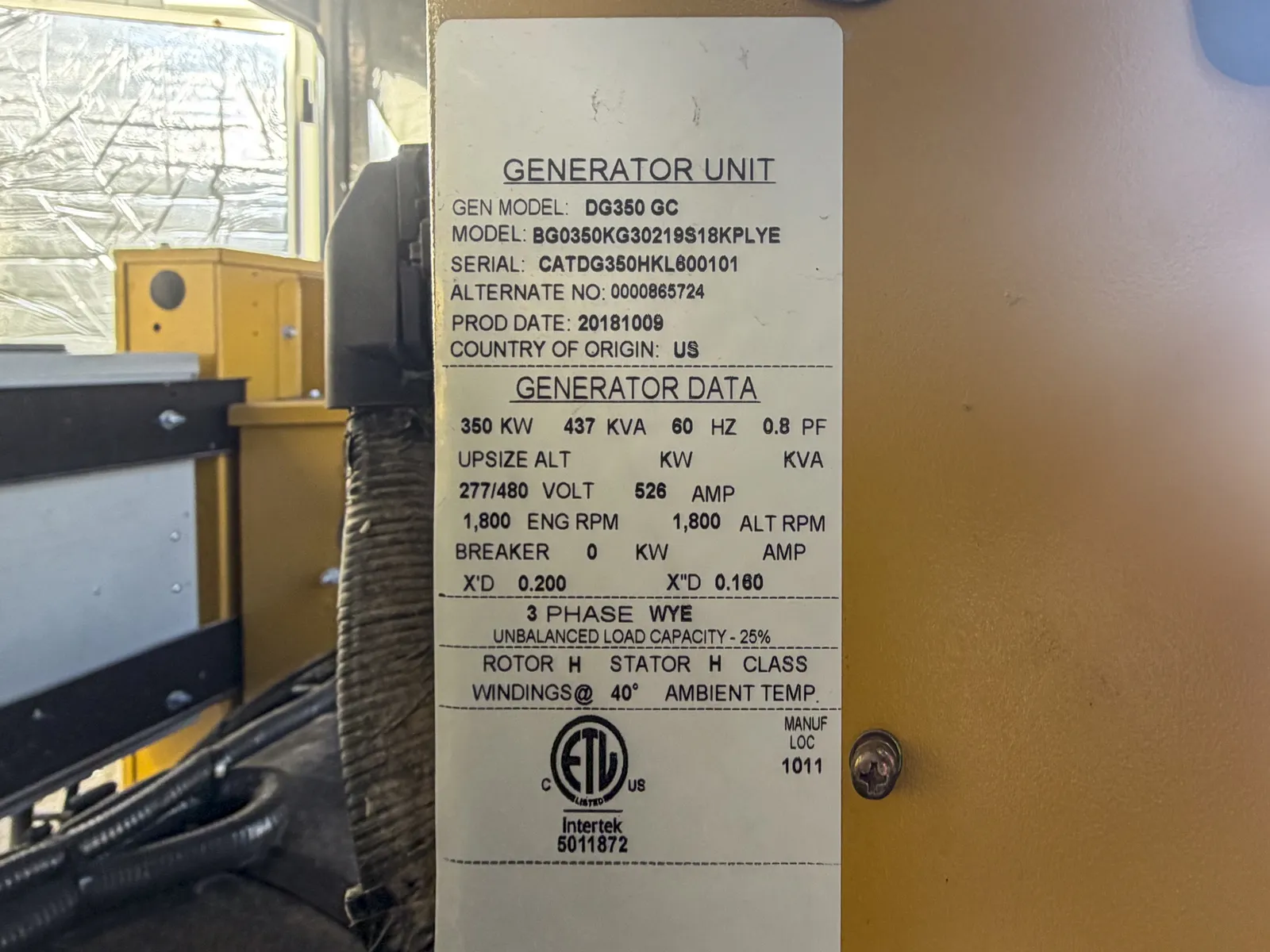 5 350kw caterpillar industrial generator unit 093208 control panel