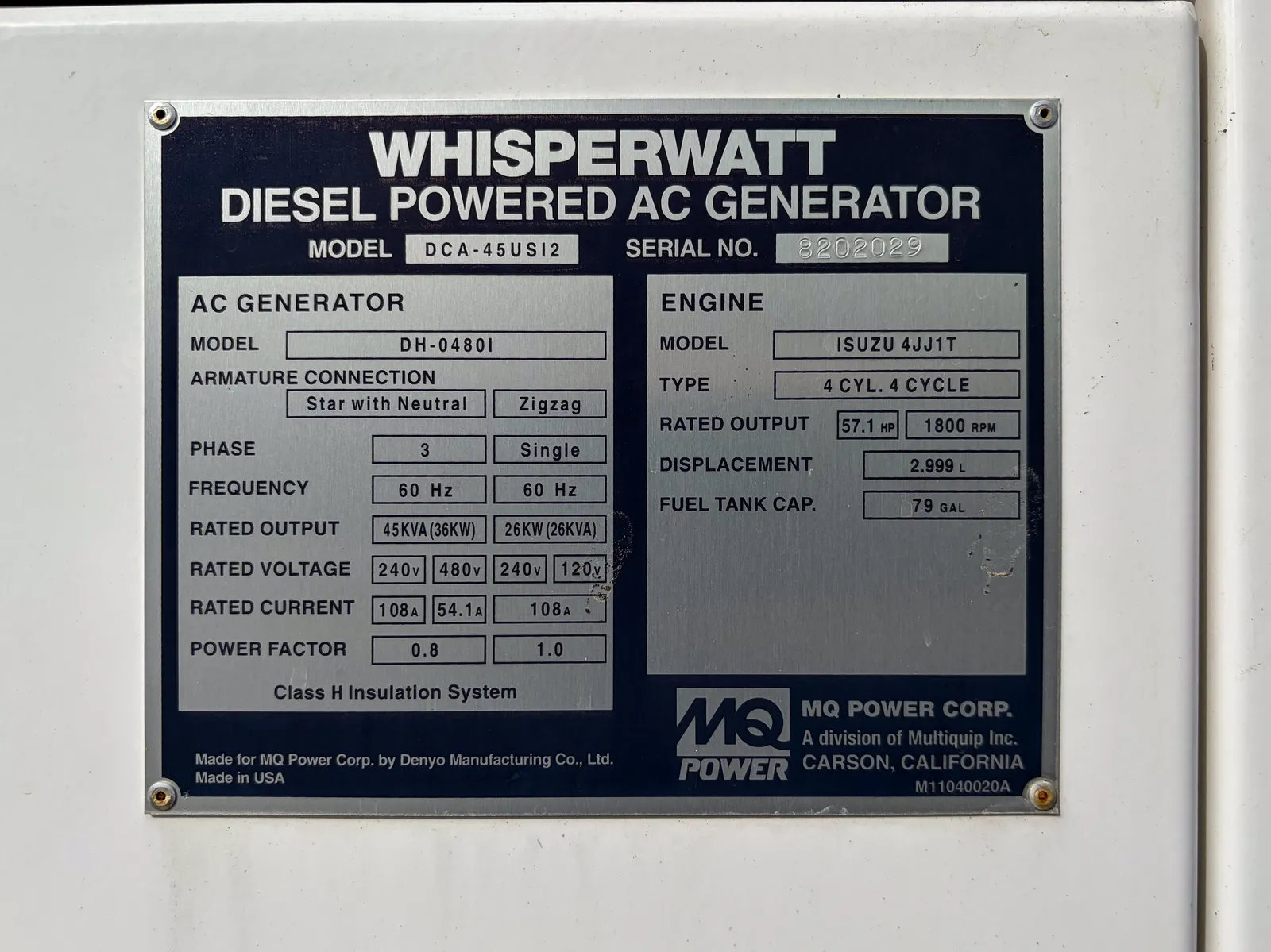 6 45kw multiquip industrial generator unit 093264 data tag
