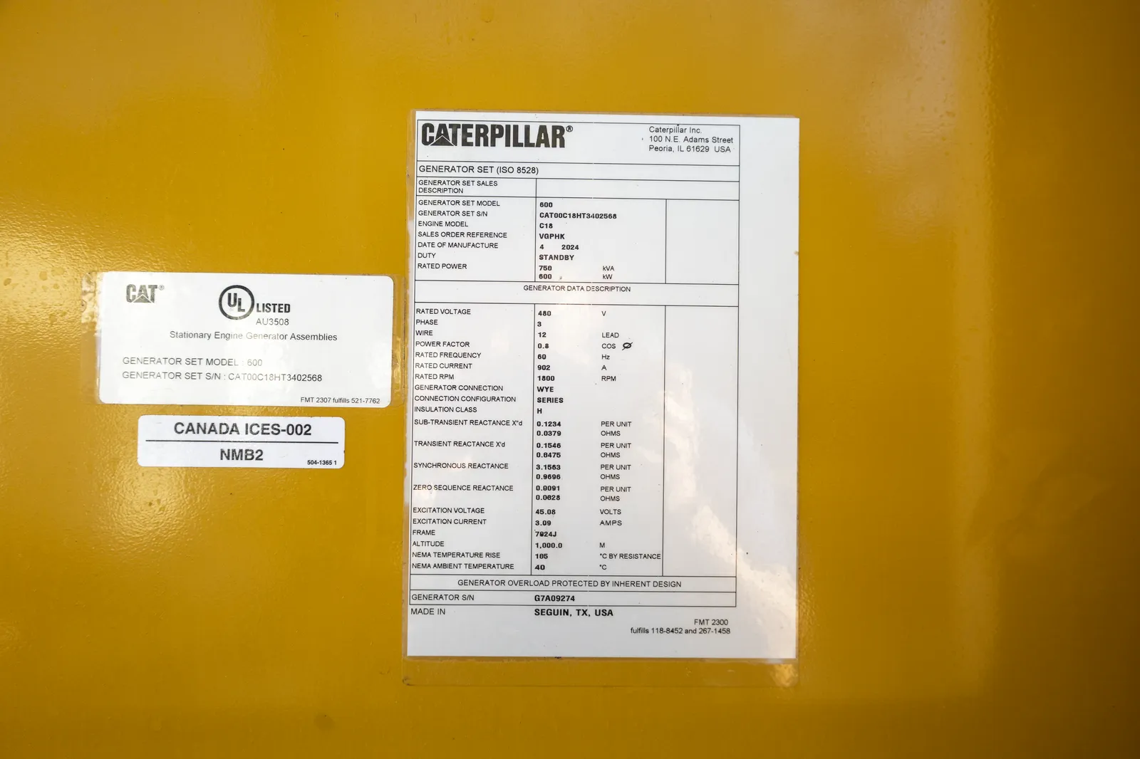 6 600kw caterpillar industrial generator unit 093065 data tag