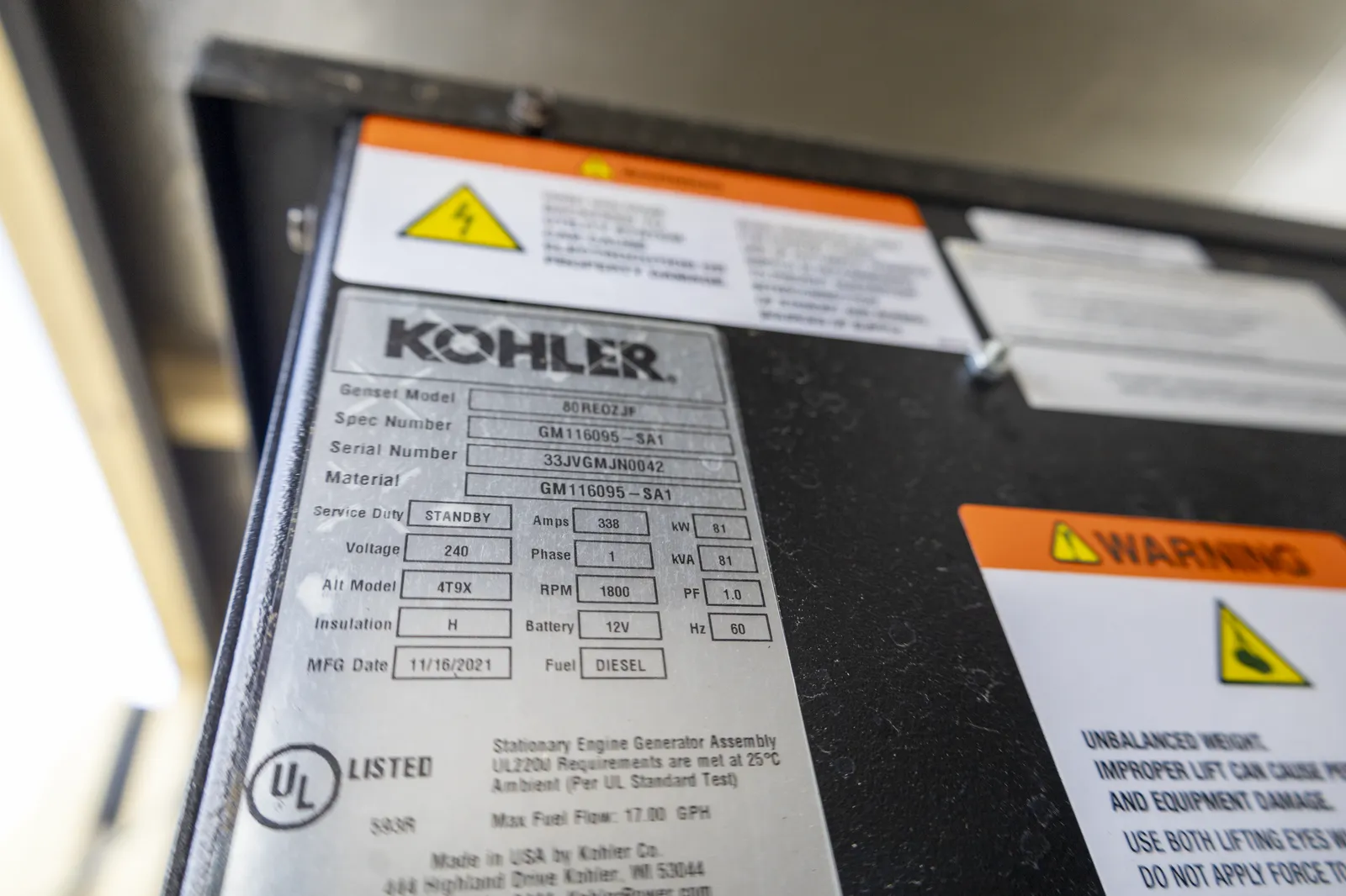6 80kw kohler industrial generator unit 093241 data tag