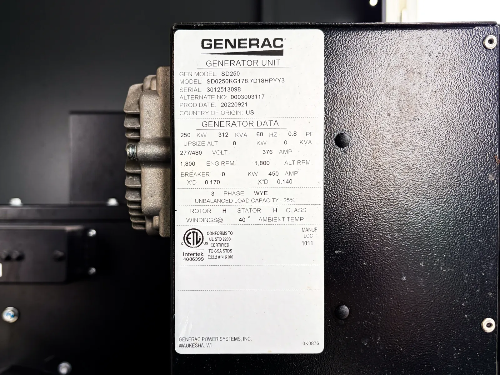 5 250kw generac industrial generator unit 093508 control panel