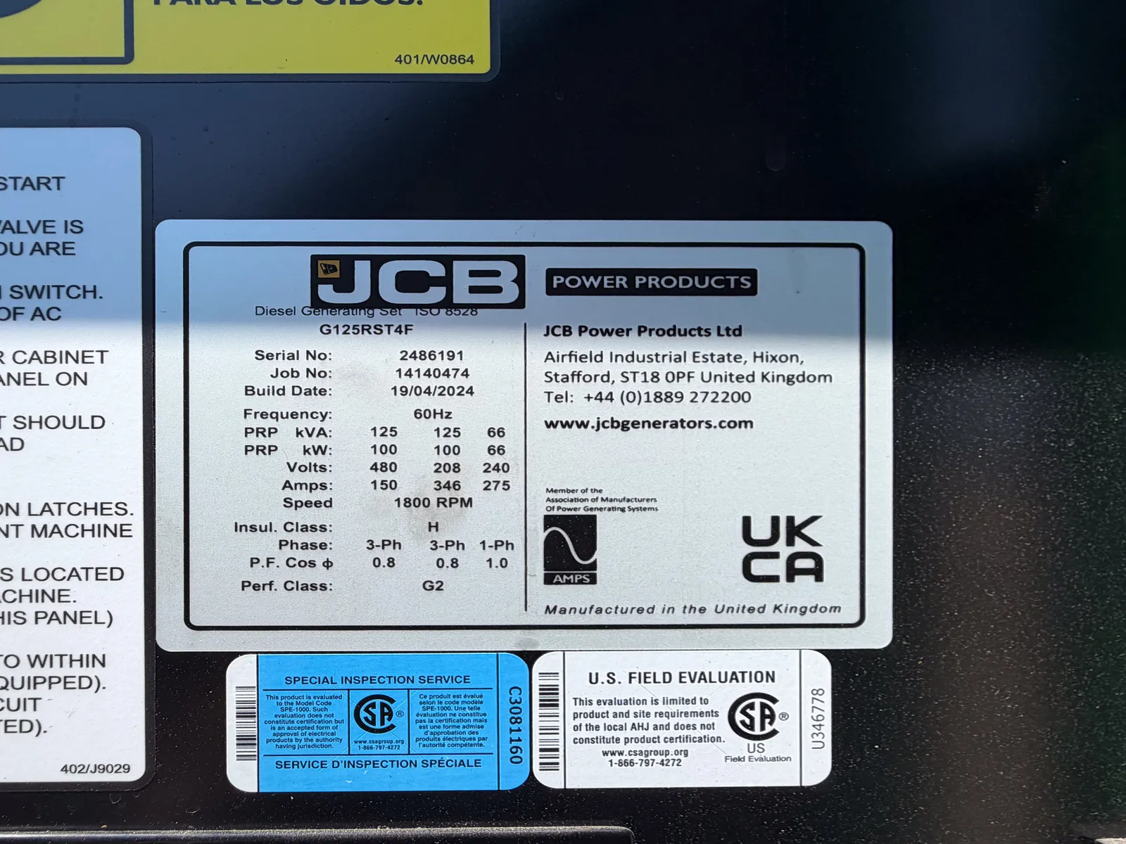 5 100kw jcb industrial generator unit 093584 control panel