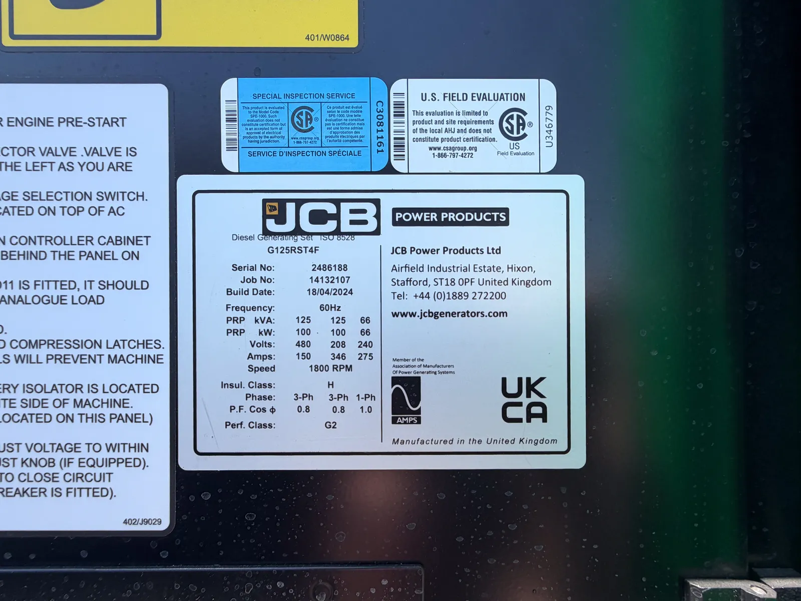 5 100kw jcb industrial generator unit 093585 control panel