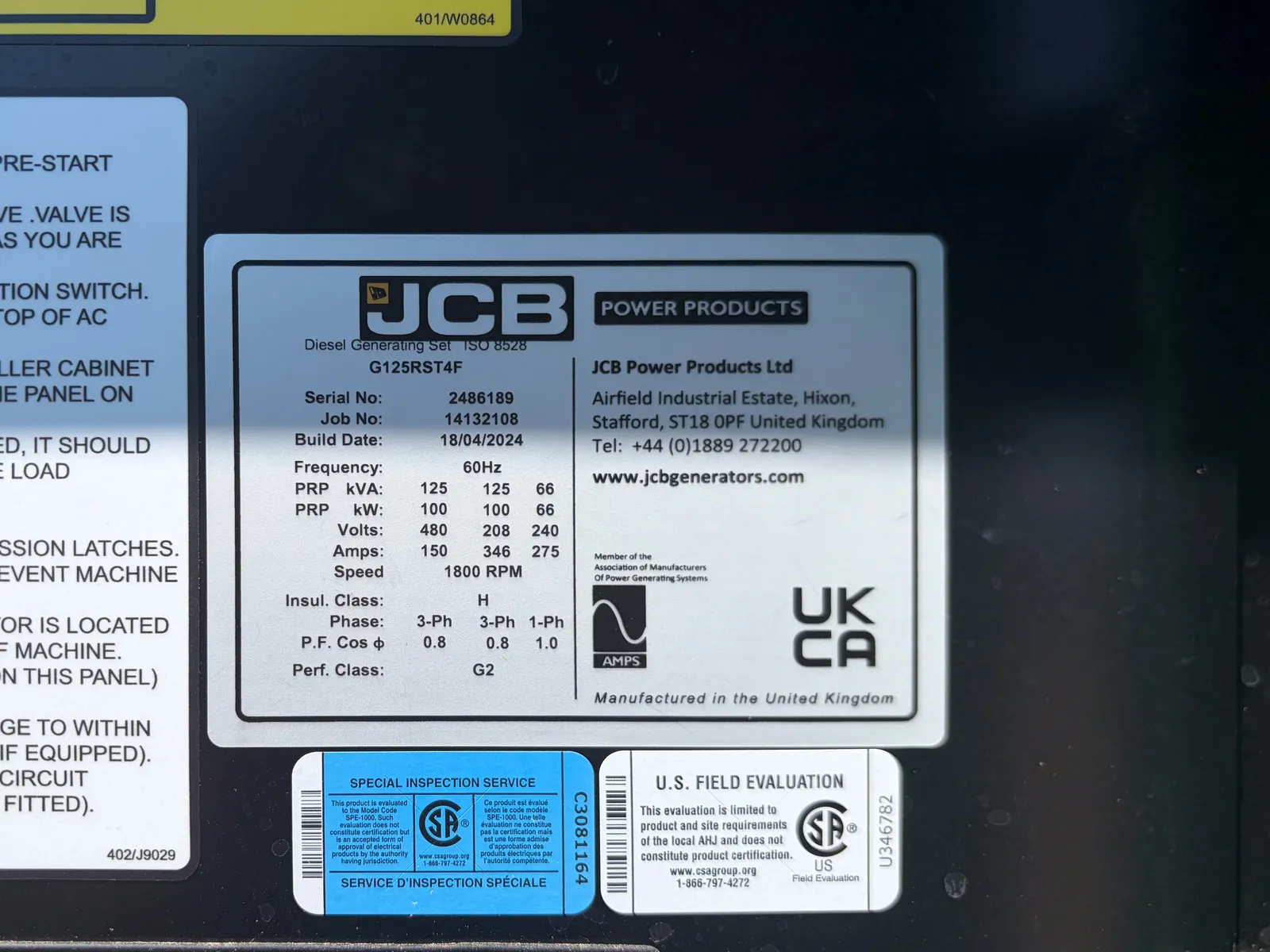 5 100kw jcb industrial generator unit 093586 control panel