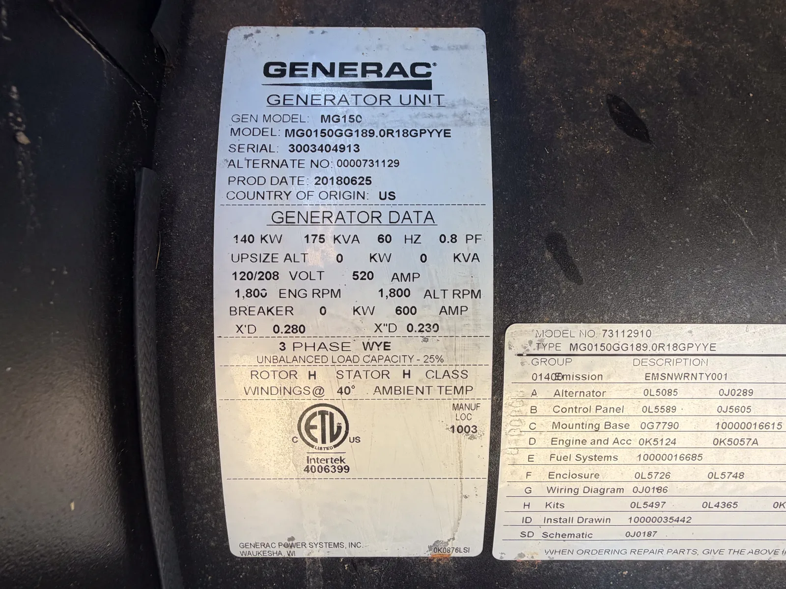5 140kw generac industrial generator unit 093775 control panel