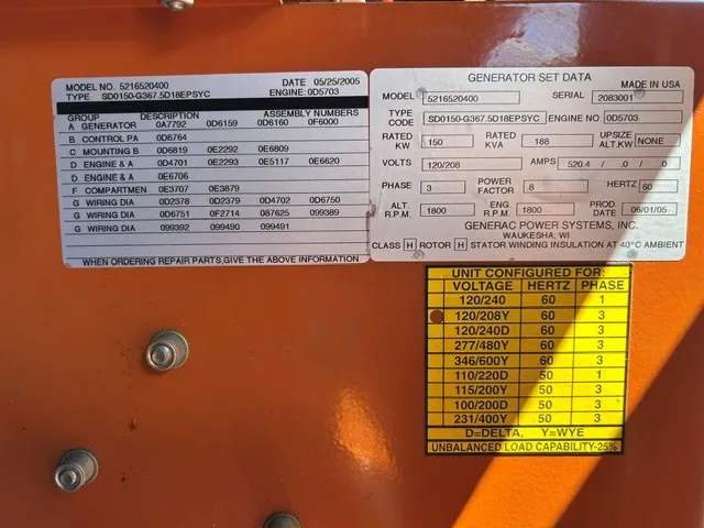 5 150kw generac industrial generator unit 093626 control panel