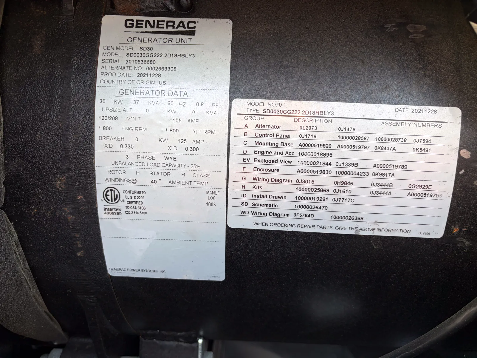 5 30kw generac industrial generator unit 093700 control panel