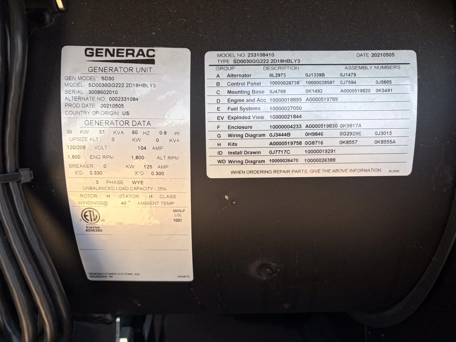 5 30kw generac industrial generator unit 093706 control panel
