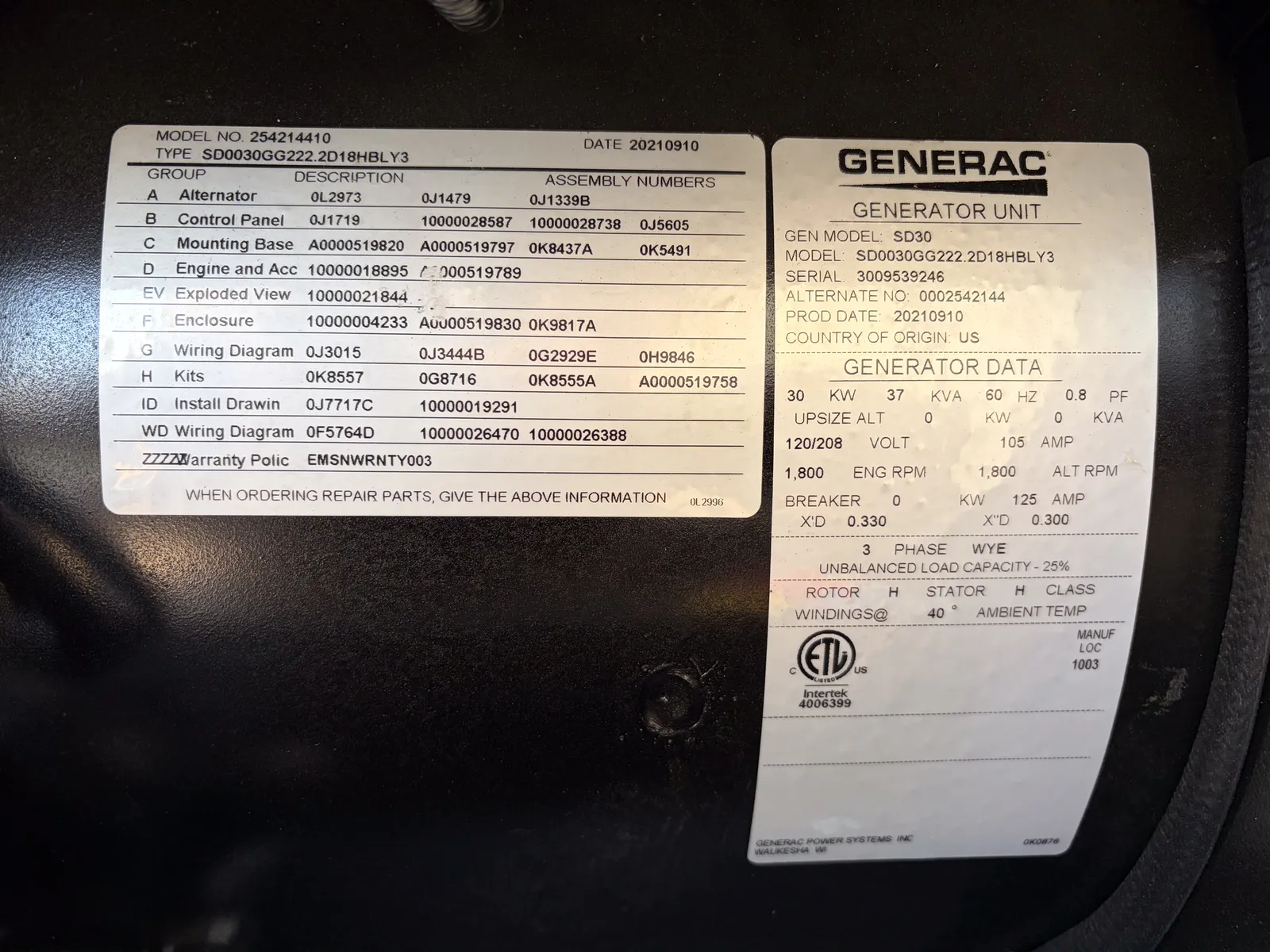 5 30kw generac industrial generator unit 093709 control panel