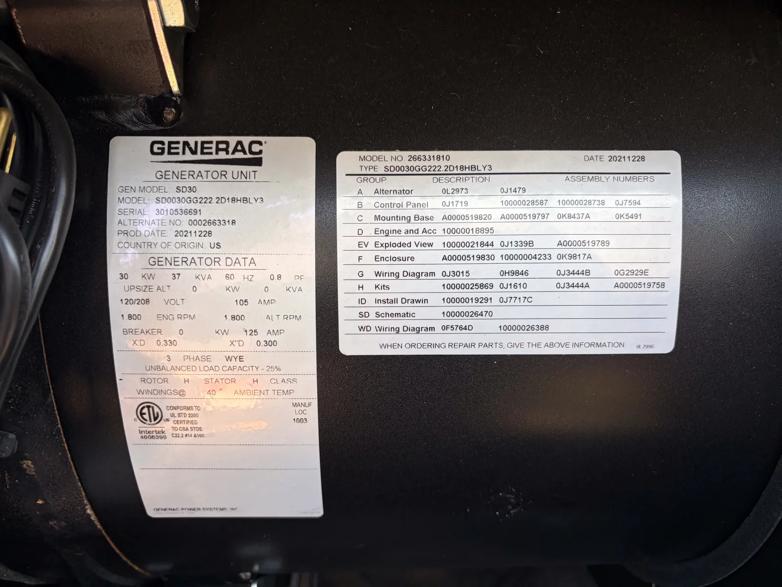 5 30kw generac industrial generator unit 093714 control panel