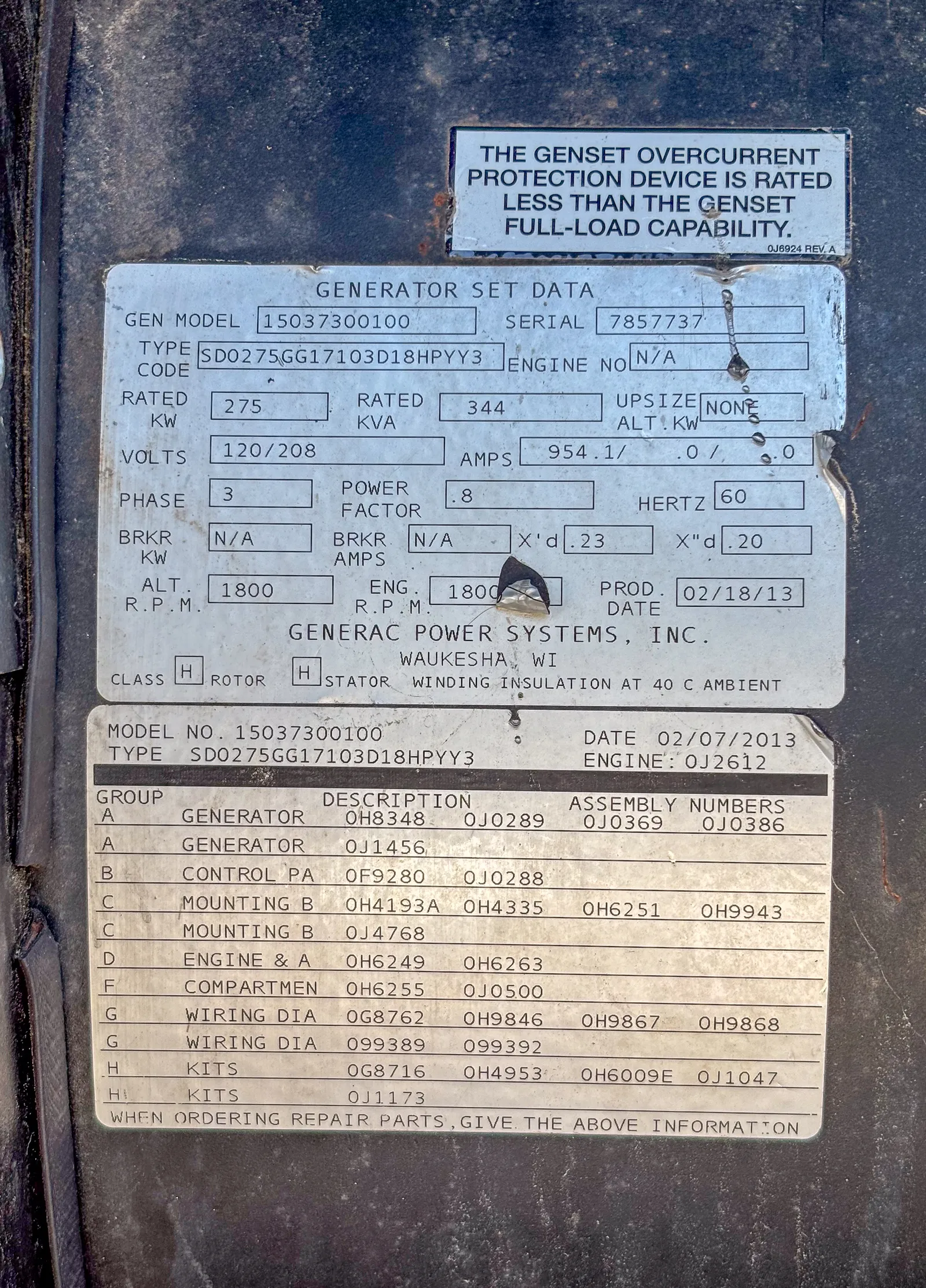 6 275kw generac industrial generator unit 093734 data tag