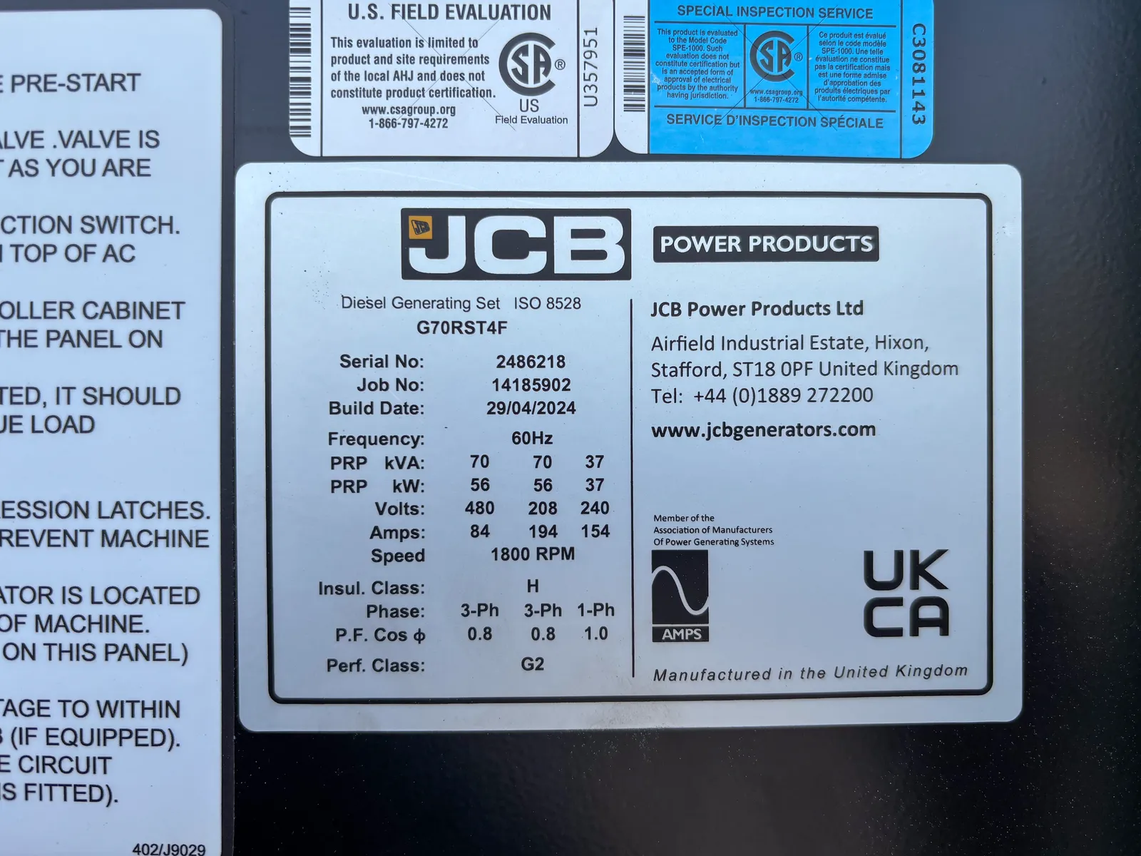 6 56kw jcb industrial generator unit 093569 data tag