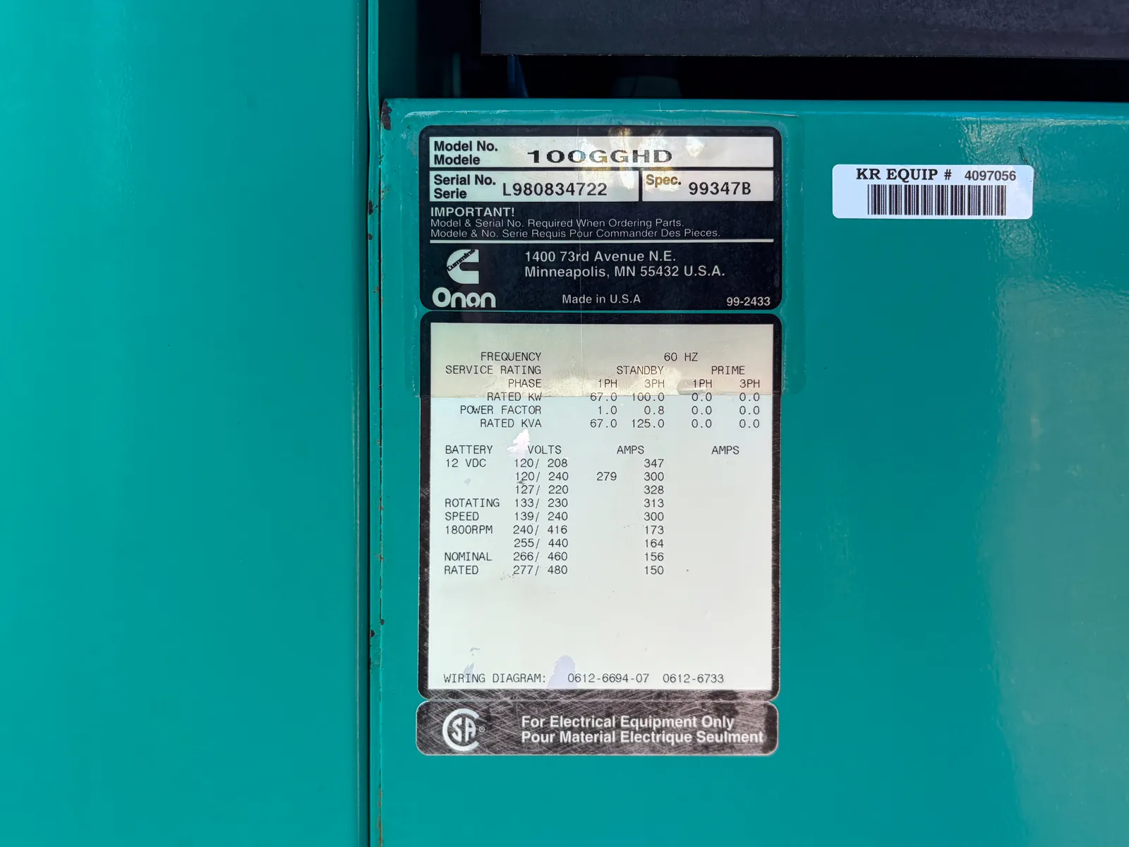 5 100kw cummins industrial generator unit 093852 control panel