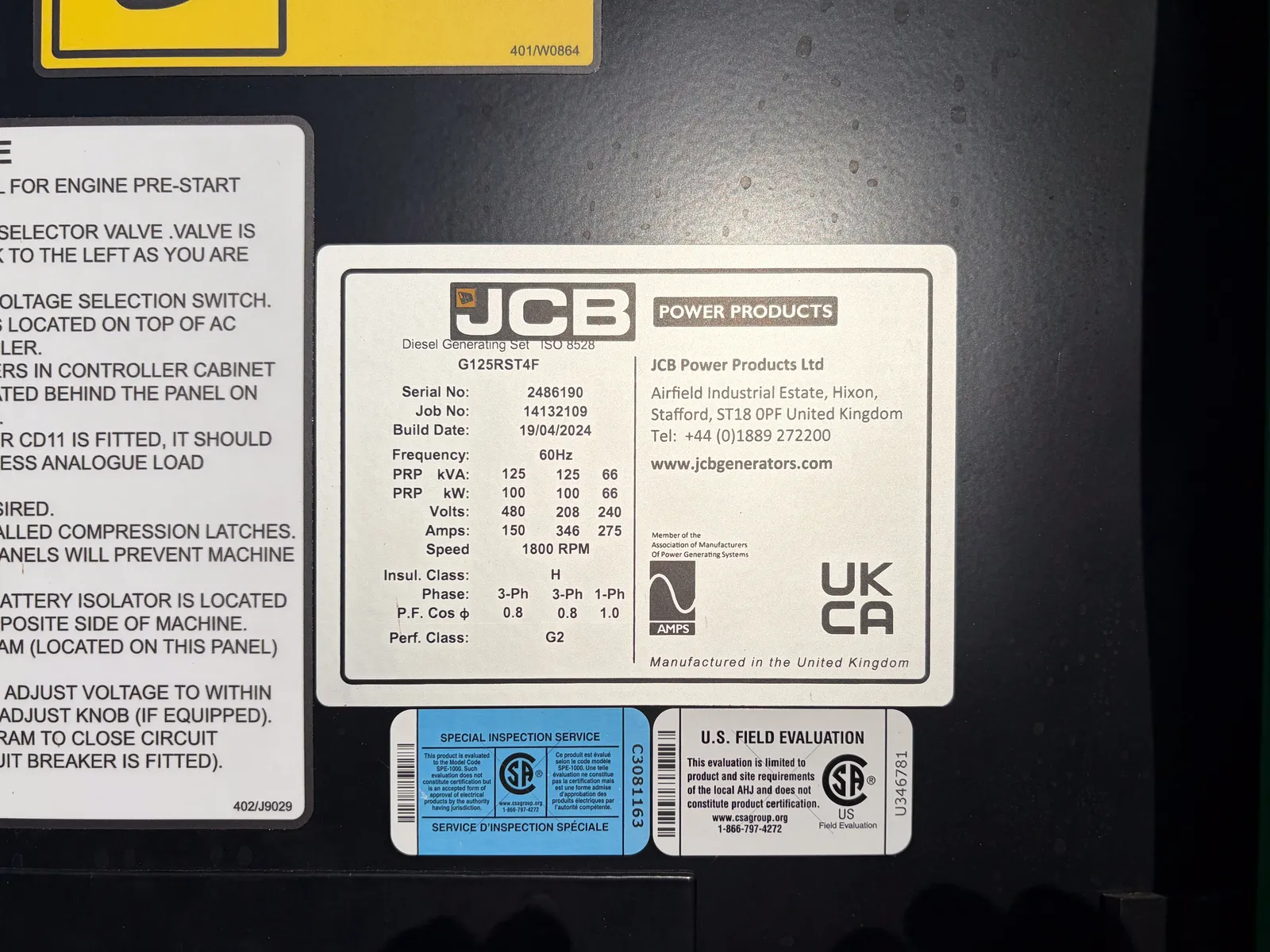 5 100kw jcb industrial generator unit 093571 control panel