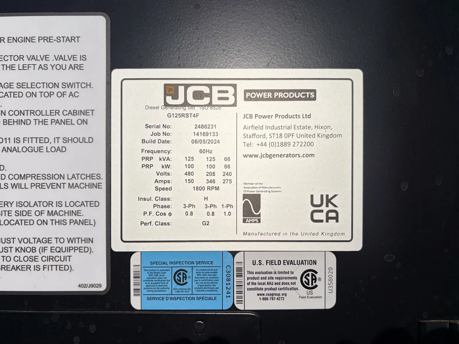 5 100kw jcb industrial generator unit 093593 control panel