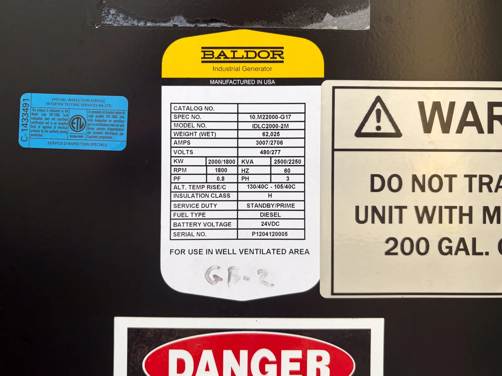 5 2000kw baldor industrial generator unit 093407 control panel