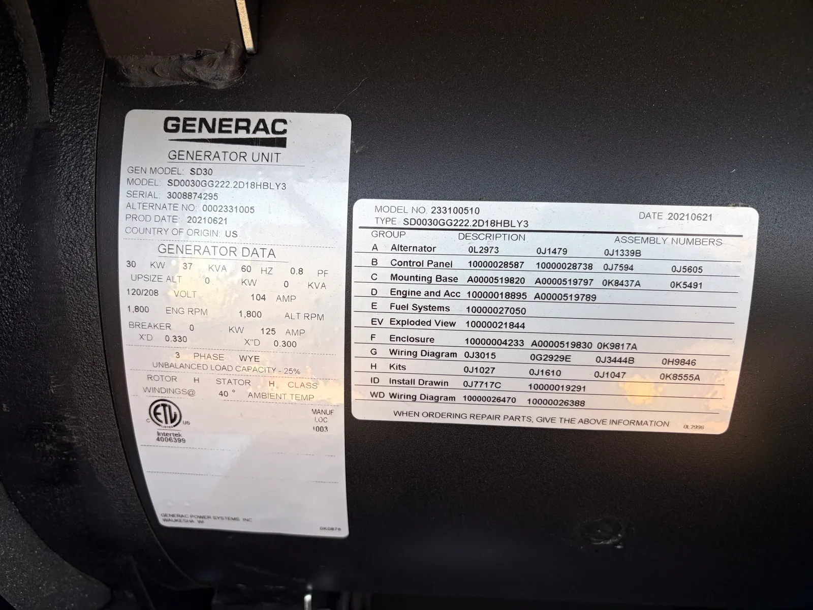 5 30kw generac industrial generator unit 093710 control panel