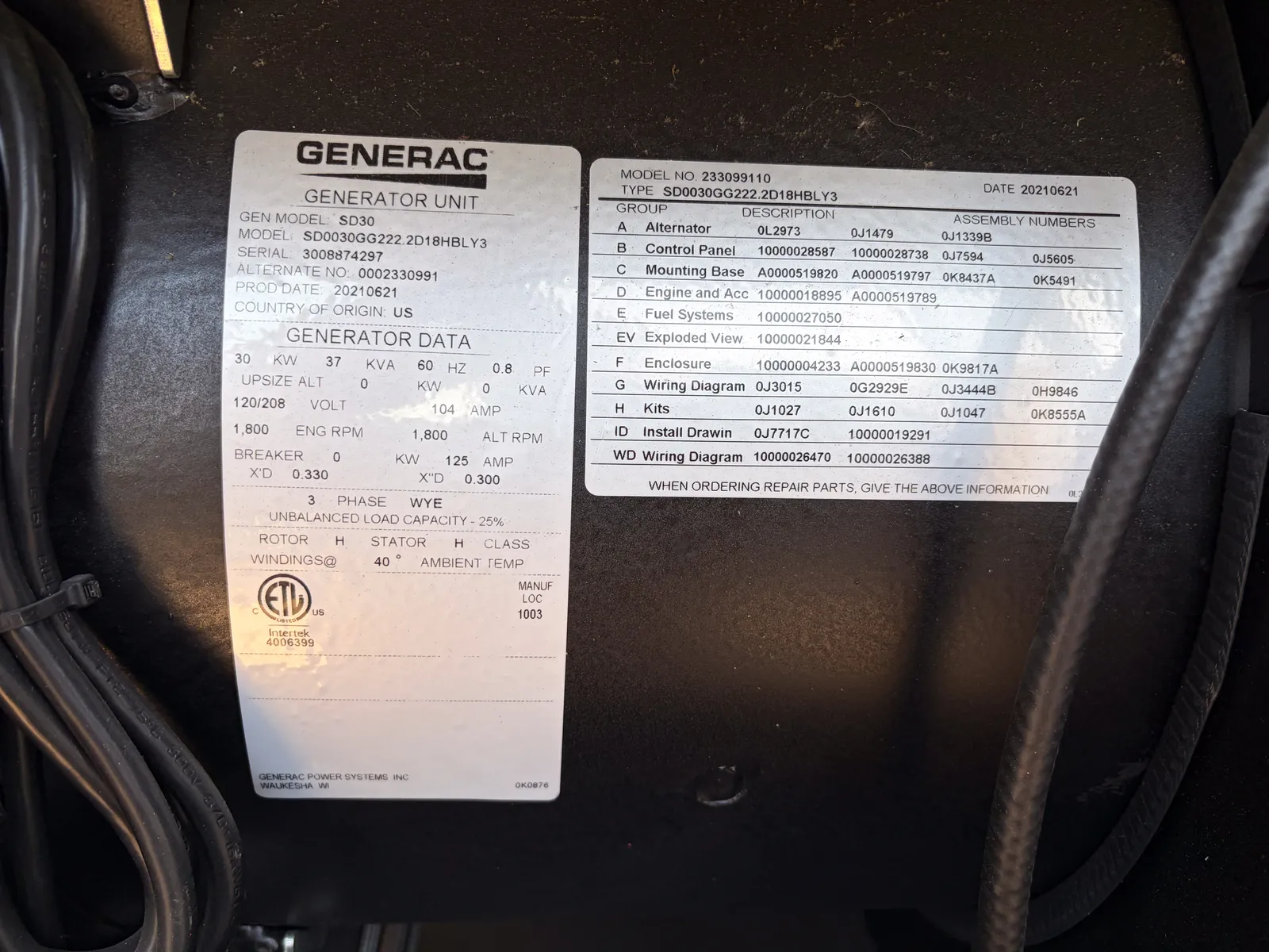 5 30kw generac industrial generator unit 093715 control panel