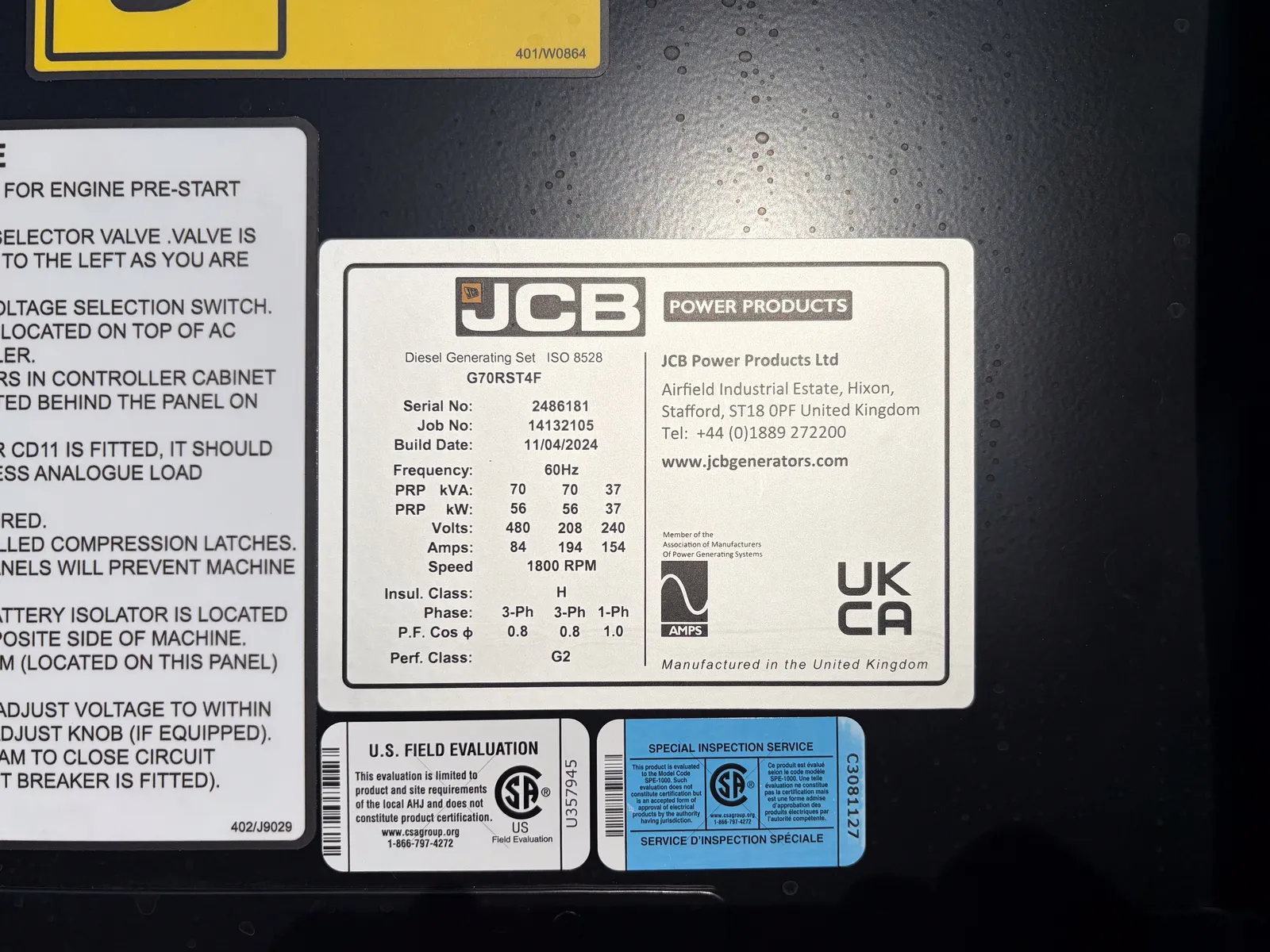 5 56kw jcb industrial generator unit 093570 control panel
