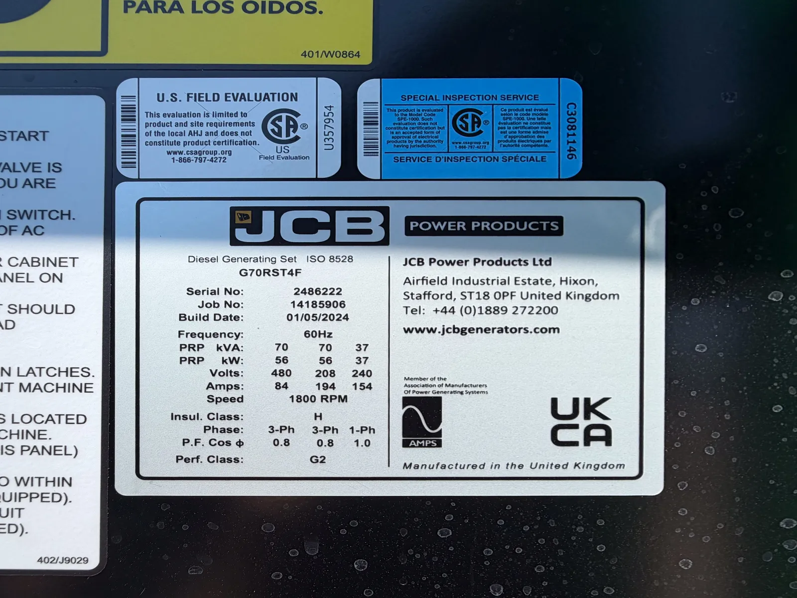 5 56kw jcb industrial generator unit 093589 control panel
