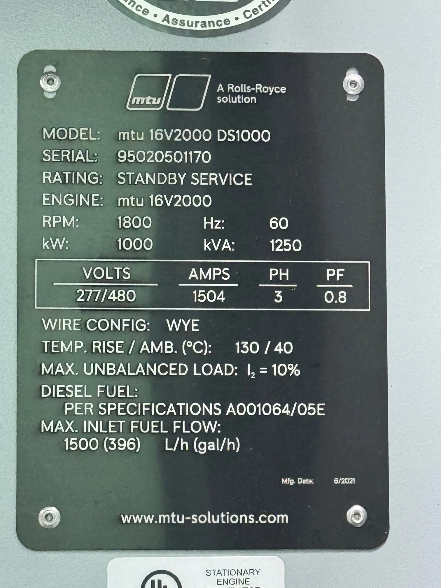 6 1000kw mtu industrial generator unit 092050 data tag