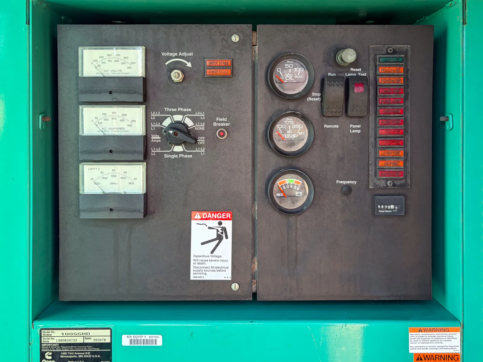 6 100kw cummins industrial generator unit 093852 data tag