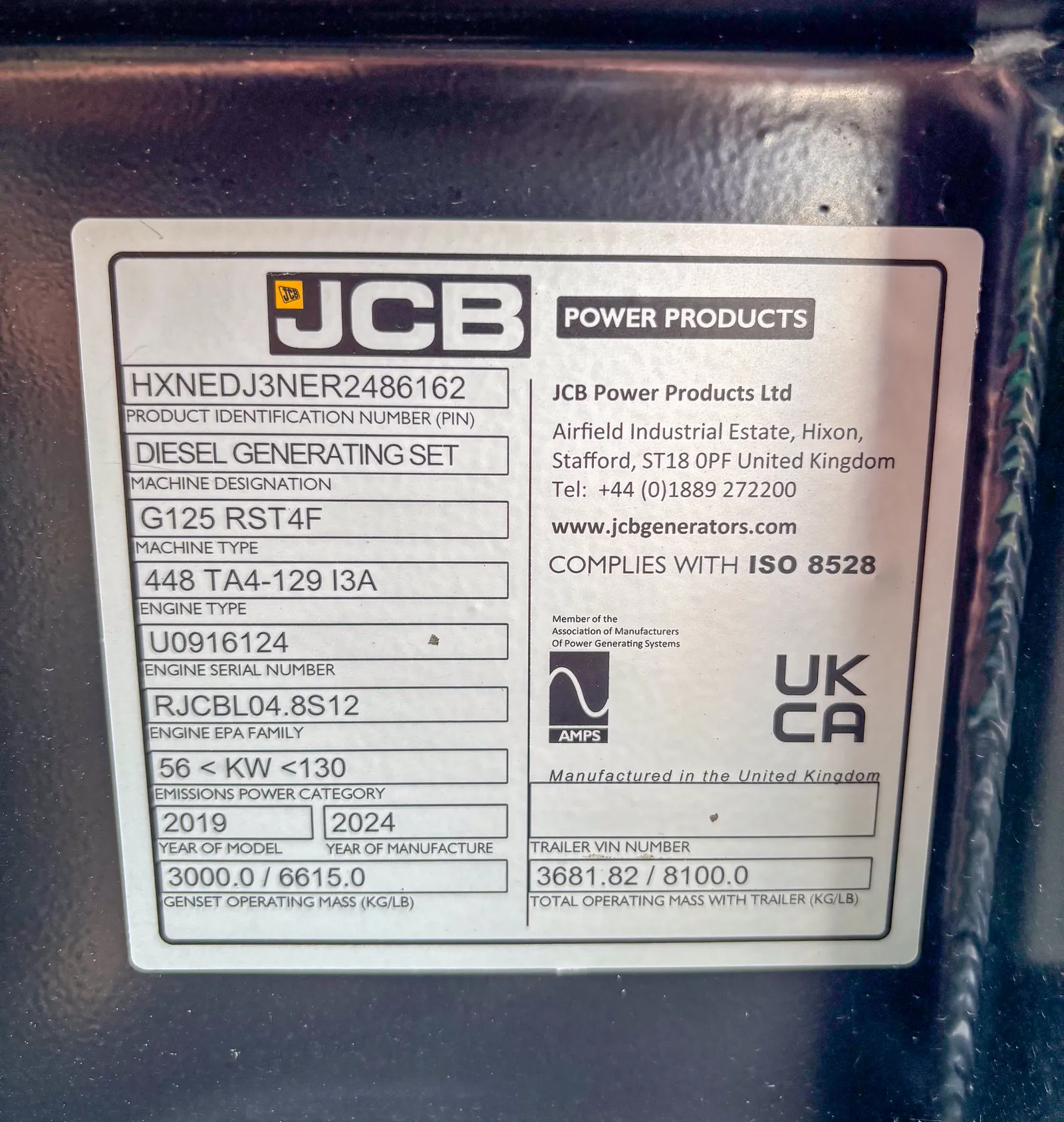 6 100kw jcb industrial generator unit 093575 data tag