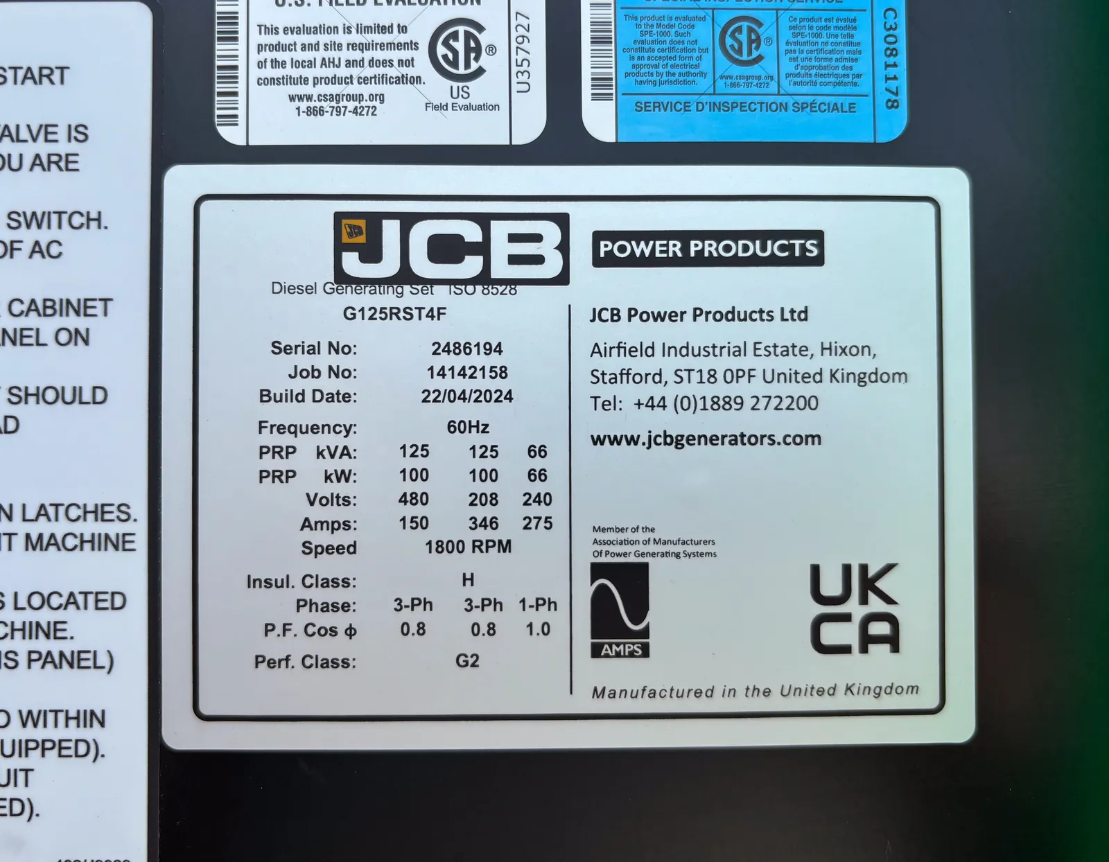 6 100kw jcb industrial generator unit 093579 data tag