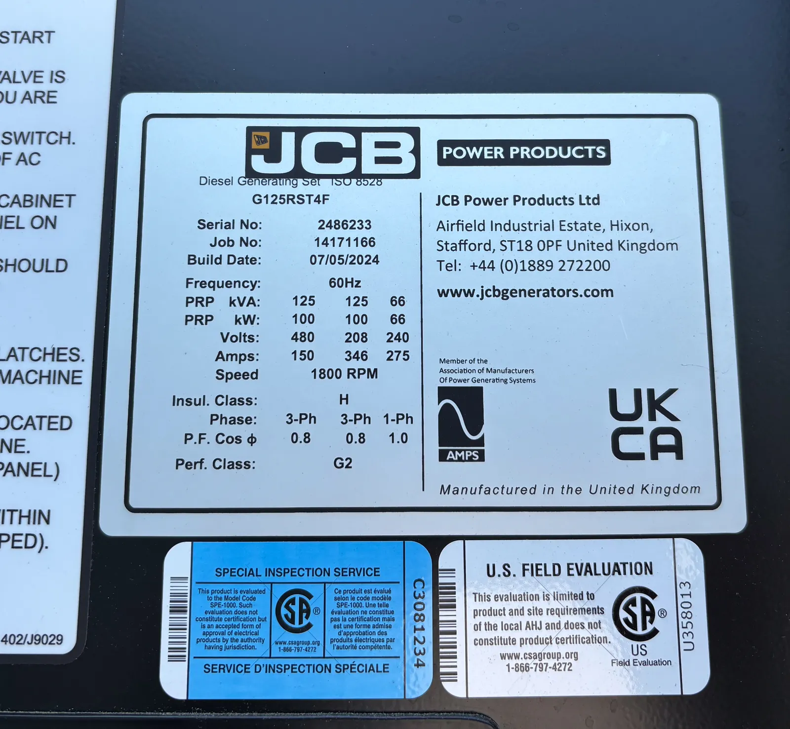 6 100kw jcb industrial generator unit 093580 data tag