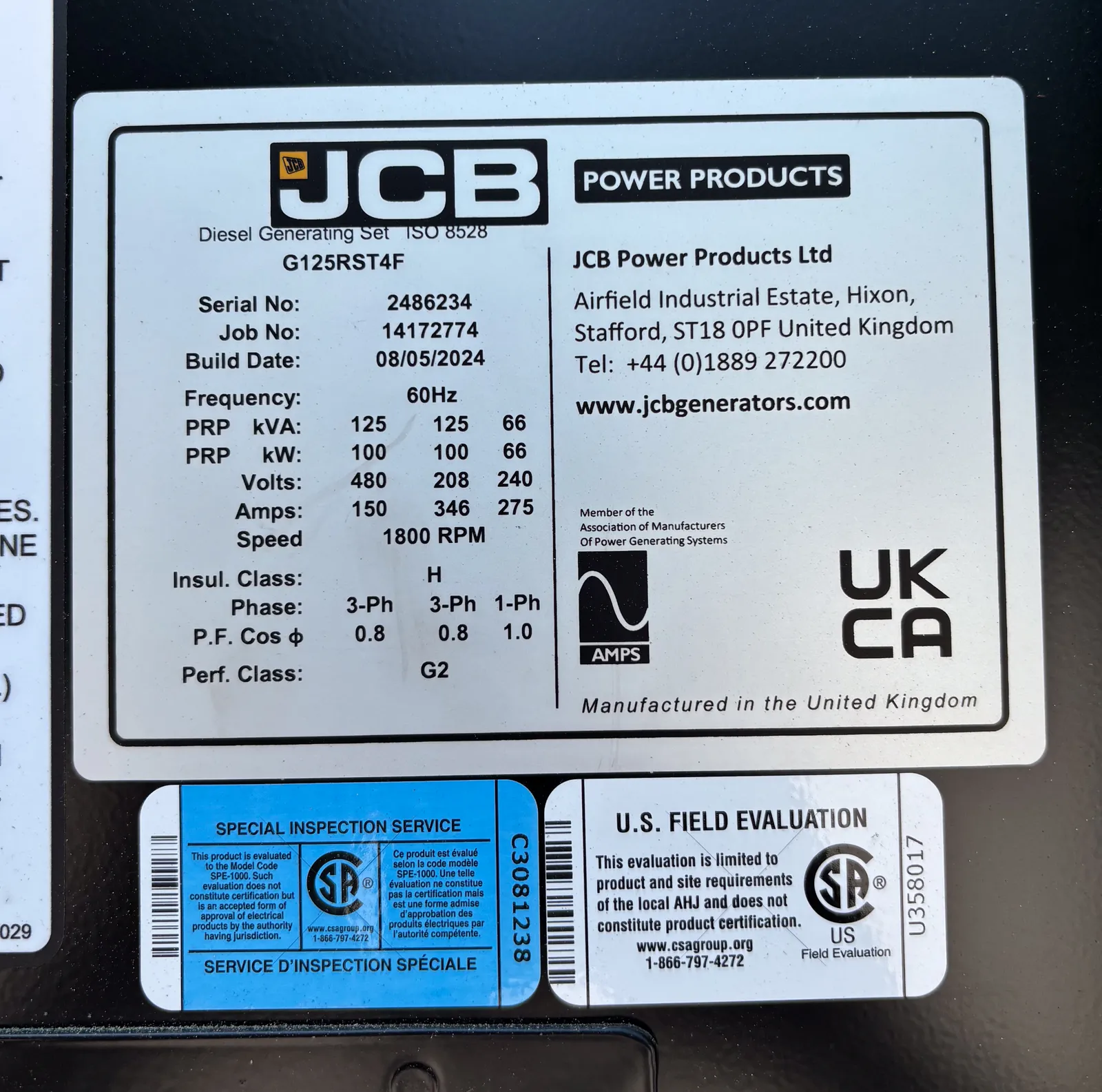 6 100kw jcb industrial generator unit 093581 data tag