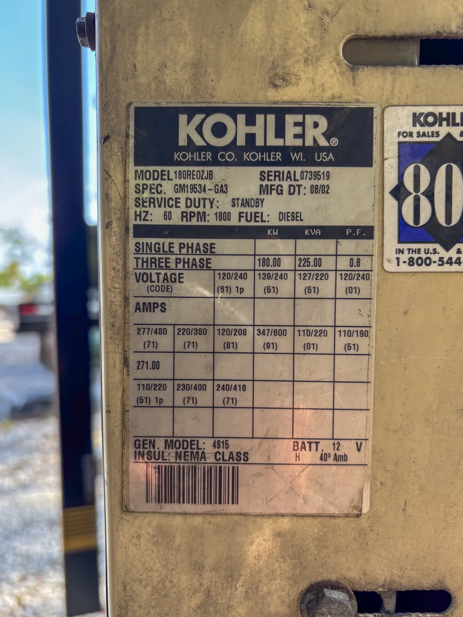 6 180kw kohler industrial generator unit 093389 data tag